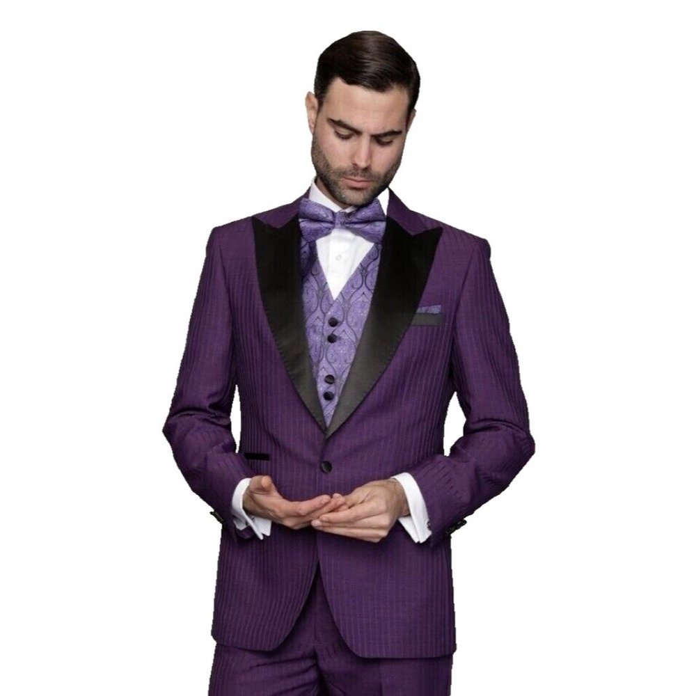 Unique Statement Tuxedo Purple Jacket Vest & Pants Set 46R-40R Designed in Italy
